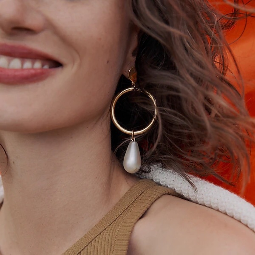 J CREW PEARL DROP CIRCLE SILVER MIRROR EARRINGS NWT